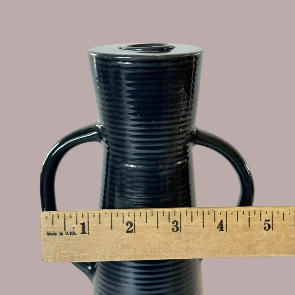 Crate & Barrel Sibely Navy & Beige Ceramic Candlestick Holder 9 5/8”